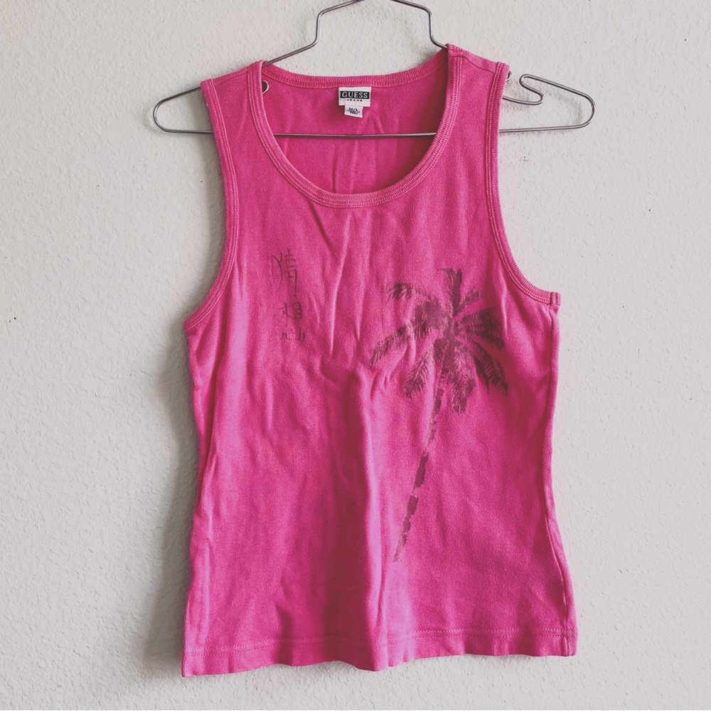 GUESS vintage y2k 90s barbie core pink tank sleeveless top palm tree graphic